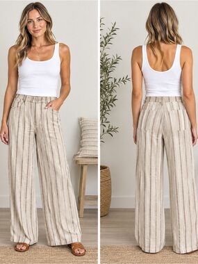 GAP Pull On Wide Leg Pant Womens 4 Beige Striped Linen Blend Coastal Summer